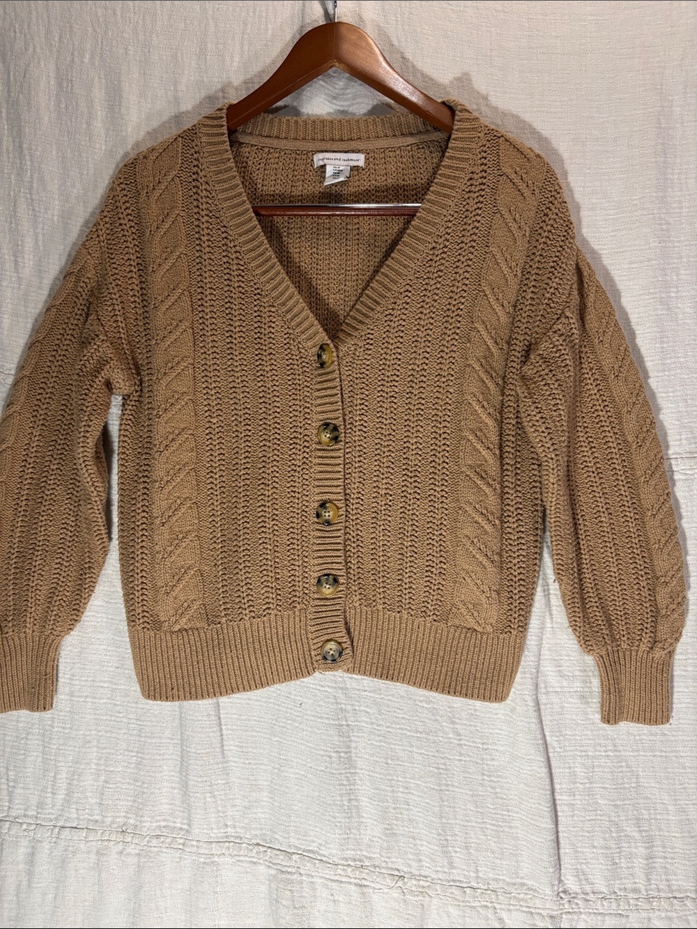 cupcakes & cashmere Tan Cable Knit V neck Button-Front Cardigan Cotton Blend